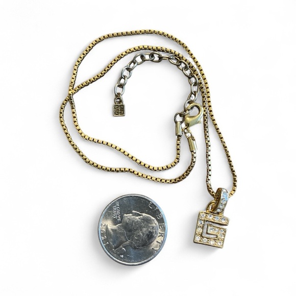 Dainty Blingy Crystal Gold Tone Givenchy G Logo Box Chain Pendant Necklace 16” - Picture 2 of 9